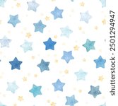 watercolor star seamless pattern vector. Cute blue and yellow stars. Funny day and happy sky. Beautiful design for baby dress, child skirt, kid cloth, wrapping, paper, card, print, cover, confetti.