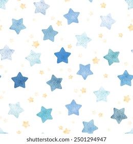 watercolor star seamless pattern vector. Cute blue and yellow stars. Funny day and happy sky. Beautiful design for baby dress, child skirt, kid cloth, wrapping, paper, card, print, cover, confetti.