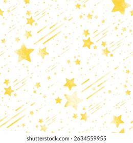 Watercolor star seamless pattern vector. Cute yellow stars, meteor, shooting star, meteor shower. Beautiful design for baby dress, child skirt, kid cloth, wrapping, paper, card, print, cover, decor.