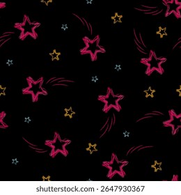 Watercolor star seamless pattern vector. Cute colorful stars on black sky. Beautiful design for fabric, baby dress, child skirt, kid cloth, wrapping, paper, card, print, cover, decor.