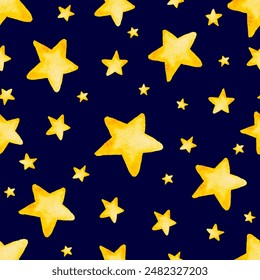 Watercolor stars seamless pattern. Hand drawn yellow stars on blue night sky