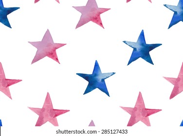 Watercolor Stars Seamless Pattern. Hand Drawn Pink And Blue Stars Wallpaper Modern Design. Vector Background