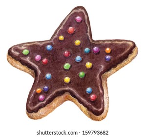 Watercolor star-shaped donut in a chocolate glaze with rainbow sugar sprinkles vector 