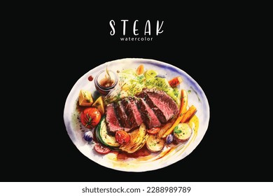 Watercolor steak plate with vegetables and sauce on black background