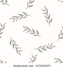 Watercolor Stem Leaf Motif  Background. Seamless Pattern Sage Green on White. Delicate Leaves Hand Drawn for Textile Print. Spring Home Decor. Olive Branch Aquarelle Artwork. Repeat VectorTile EPS 10