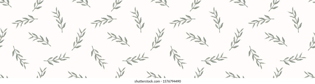 Watercolor Stem Leaf Motif Banner Background. Seamless Pattern Sage Green on White. Delicate Leaves Hand Drawn for Textiles Border. Spring Ribbon Trim. Olive Branch Aquarelle Artwork. Vector EPS 10