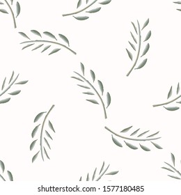 Watercolor Stem Leaf Motif Banner Background. Seamless Pattern Sage Green on White. Delicate Leaves Hand Drawn for Textiles Border. Spring Ribbon Trim. Olive Branch Aquarelle Artwork. Vector EPS 10