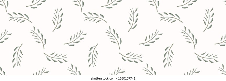 Watercolor Stem Leaf Motif Banner Background. Seamless Pattern Sage Green on White. Delicate Leaves Hand Drawn for Textiles Border. Spring Ribbon Trim. Olive Branch Aquarelle Artwork. Vector EPS 10