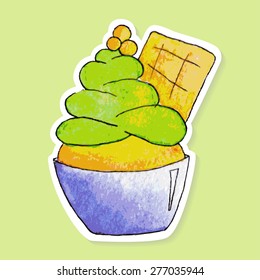 Watercolor sticker of pistachio ice cream on green background