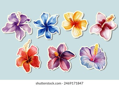 Watercolor stickers tropical flowers. Floral stickers. Set of exotic flowers. Tropical collection