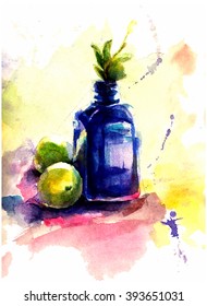 watercolor still life with blue bootle and lemons