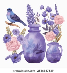 Watercolor still life, featuring a blue bird and purple vases with flowers.