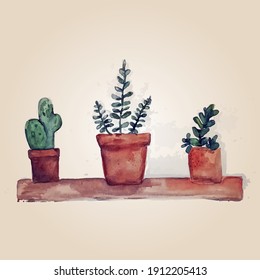 watercolor. Still life of pots with flowers standing on a shelf. home plants