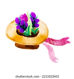 Watercolor straw garden hat with flowers. Hand draw vector illustration isolated on a white background