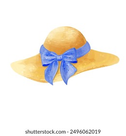 Watercolor straw hat with blue bow  for summer holiday, isolated on white. Vector illustration