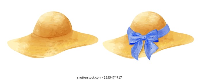 Watercolor straw hat with blue bow  for summer holiday, isolated on white. Vector illustration set