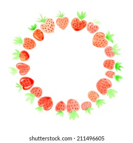 Watercolor strawberries round frame. Vector