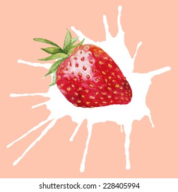 Watercolor Strawberry with cream. Hand drawn natural isolated object. Vector illustration.