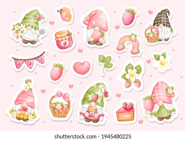 Watercolor Strawberry Gnomes Sticker, Planner And Scrapbook. Vector Illustration