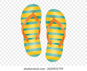 Watercolor striped flip flops beach summer footwear fashion element isolated. Vector.