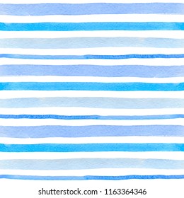 Watercolor striped seamless pattern with blue lines on a white background. Hand drawn vector illustration