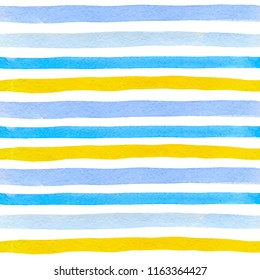 Watercolor striped seamless pattern with blue and yellow lines on a white background. Hand drawn vector illustration