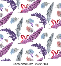 Watercolor Striped & Spotted Feather & Ribbon seamless vintage pattern on white background. Watercolor texture. Cloth & rug design. Pink, Grey, Black, Blue, Red & White vector backdrop. Boho style.