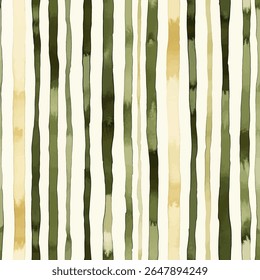 Watercolor stripes in olive green, showcasing vertical lines on a cream background, Black and white stripes, painted with broad brush strokes, grunge lines ikat pattern, ikat seamless pattern, Vector.