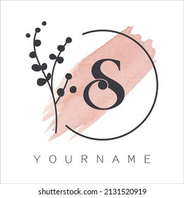 Watercolor stroke S letter logo design. With circular and plant. Pink shape brush.