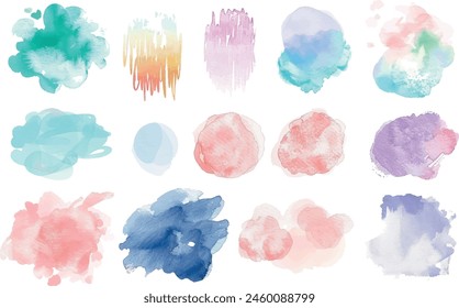 Watercolor strokes and blotches. Paint blobs and daubs, abstract dash lines or brushstrokes spots vector design elements of pastel color.