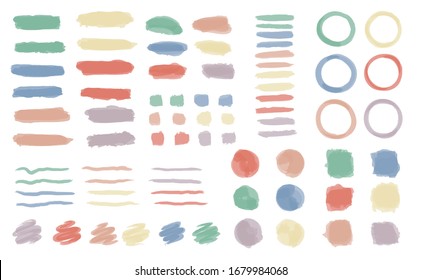 Watercolor strokes and blotches. Vector paint blobs and daubs, abstract dash lines or brushstrokes spots frames and borders design elements of pastel color.