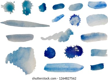 Watercolor strokes of various sizes and shapes on porous special paper. Transparent watercolor textures of different shades and saturation of blue.