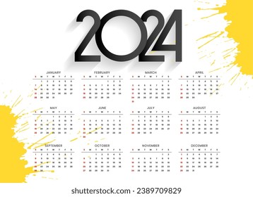 watercolor style 2024 english calendar template with splatter effect vector