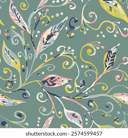 Watercolor style abstract botanical seamless pattern with variegated color foliage and swirls on green background. Floral repeat wallpaper with painted leaves.