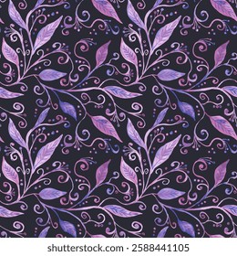 watercolor style abstract botanical seamless pattern with purple foliage and swirls. Floral repeat background with painted leaves.