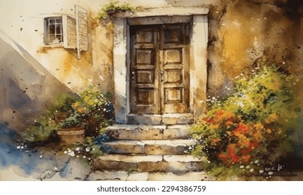 Watercolor style and abstract image of old blue rustic wooden door and flowers.