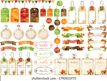 Watercolor style autumn tags, ribbons and speech bubbles