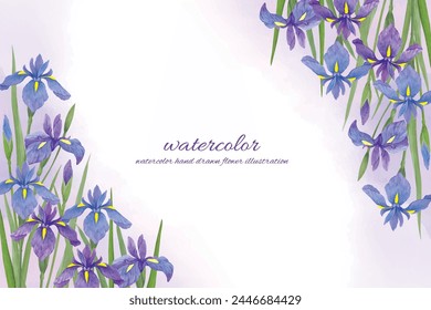 Watercolor style background frame using iris flower illustration