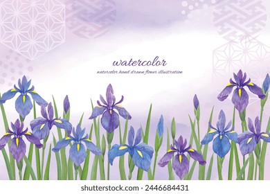 Watercolor style background frame using iris flower illustration