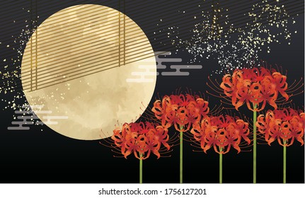 Aquarellfarben-Hintergrundbild von Vollmond und Cluster-Amaryllis am Nachthimmel