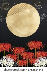 Watercolor style background image of full moon and cluster amaryllis in night sky