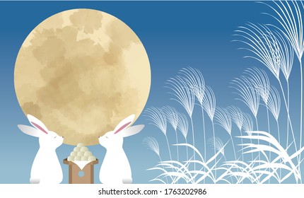 Watercolor style background of moon and night sky.Background image with a rabbit looking at the moon