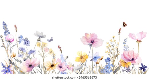 Watercolor style beautiful wildflowers, field of flowers with butterflies, long decorative border isolated on a clear background, vector illustration.