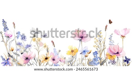 Watercolor style beautiful wildflowers, field of flowers with butterflies, long decorative border isolated on a clear background, vector illustration.