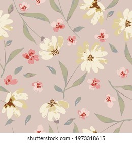 watercolor style beige and pink flowers in peach background seamless pattern print. 