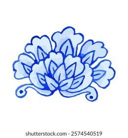 Watercolor style blue chinoiserie flower illustration. Ginger jar floral design. Chinese traditional art print.