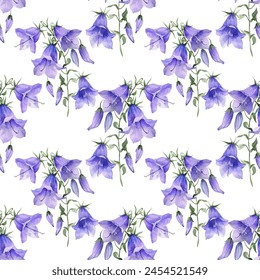 Watercolor style blue purple bell flowers, white background, vector seamless pattern. Bellflower on white floral design