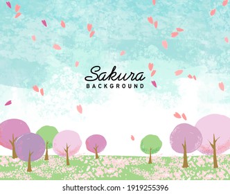 Watercolor style cherry blossoms and meadow vector illustration background