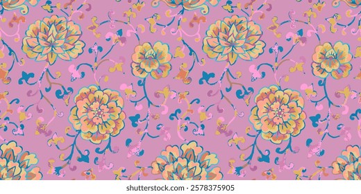 Watercolor style chinoiserie seamless pattern with pink background. Ginger jar variegated floral repeat design. Chinese traditional art print.
