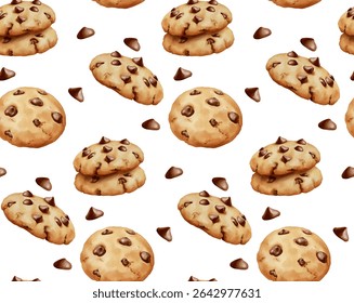 Watercolor style of chocochips cookies pattern with chocolate chip granules isolated on white background. Seamless pattern for paper wrap or wall paper and fabric.